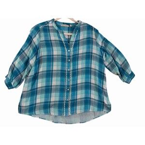 Soft Surroundings Plaid Button Front Blouse Womens‎ PXL Petite Cotton Multicolor
